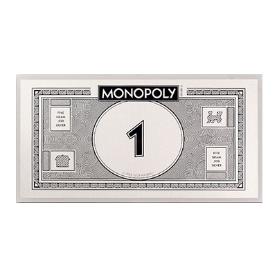 A picture of a 5 gram Monopoly Foil Silver Note (2024)